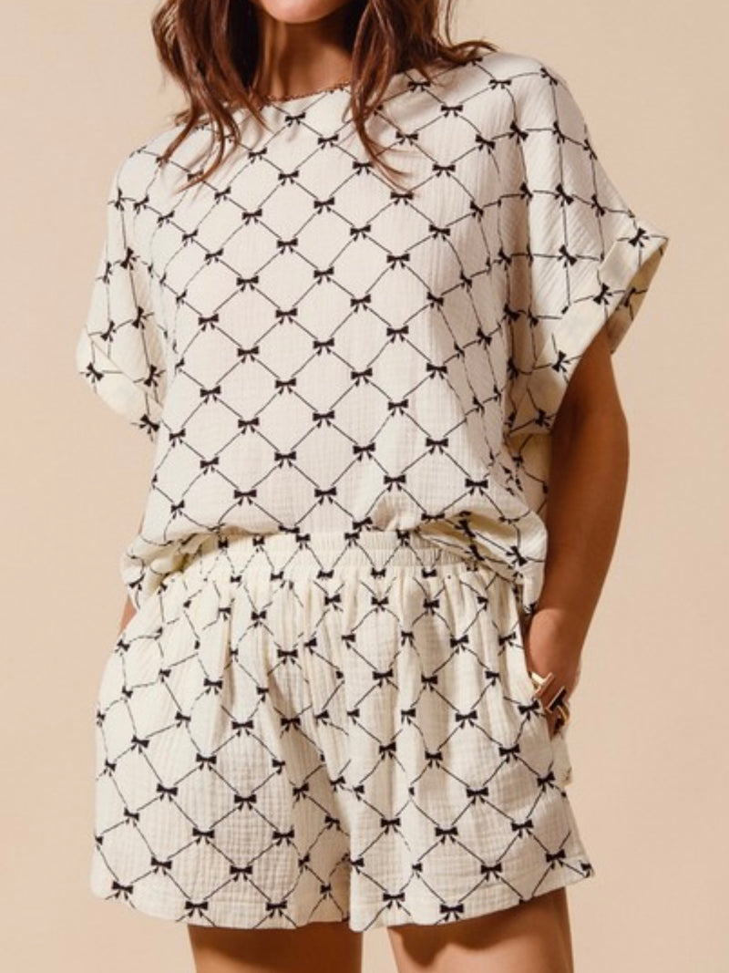 Ivory Bow Printed Gauze Short Pant Set