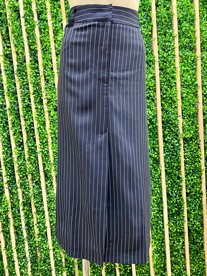 Front Slit Striped Pencil Midi Skirt