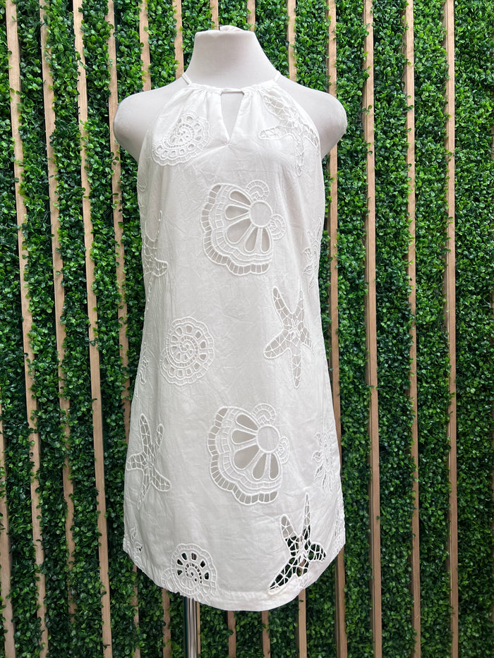 Eyelet Beach Detail Halter Short Dress