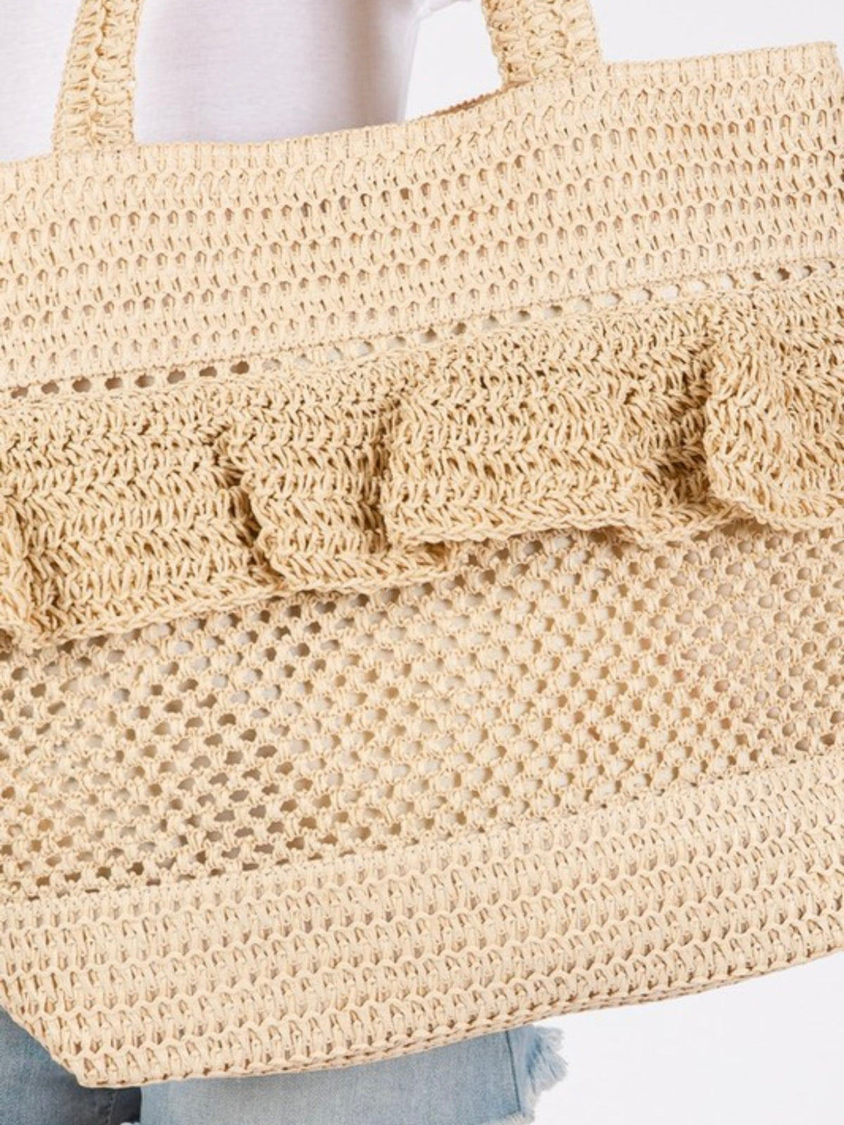 Ruffle Detail Crochet Straw Bag