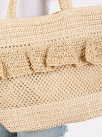 Ruffle Detail Crochet Straw Bag