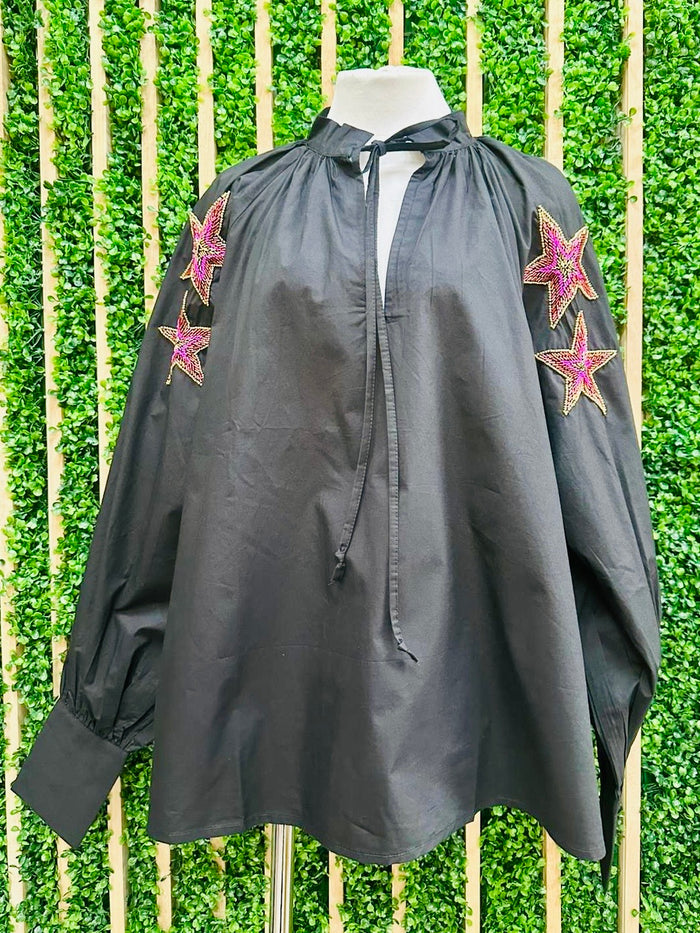 Beautiful Star Embroidered Black Boho Blouse