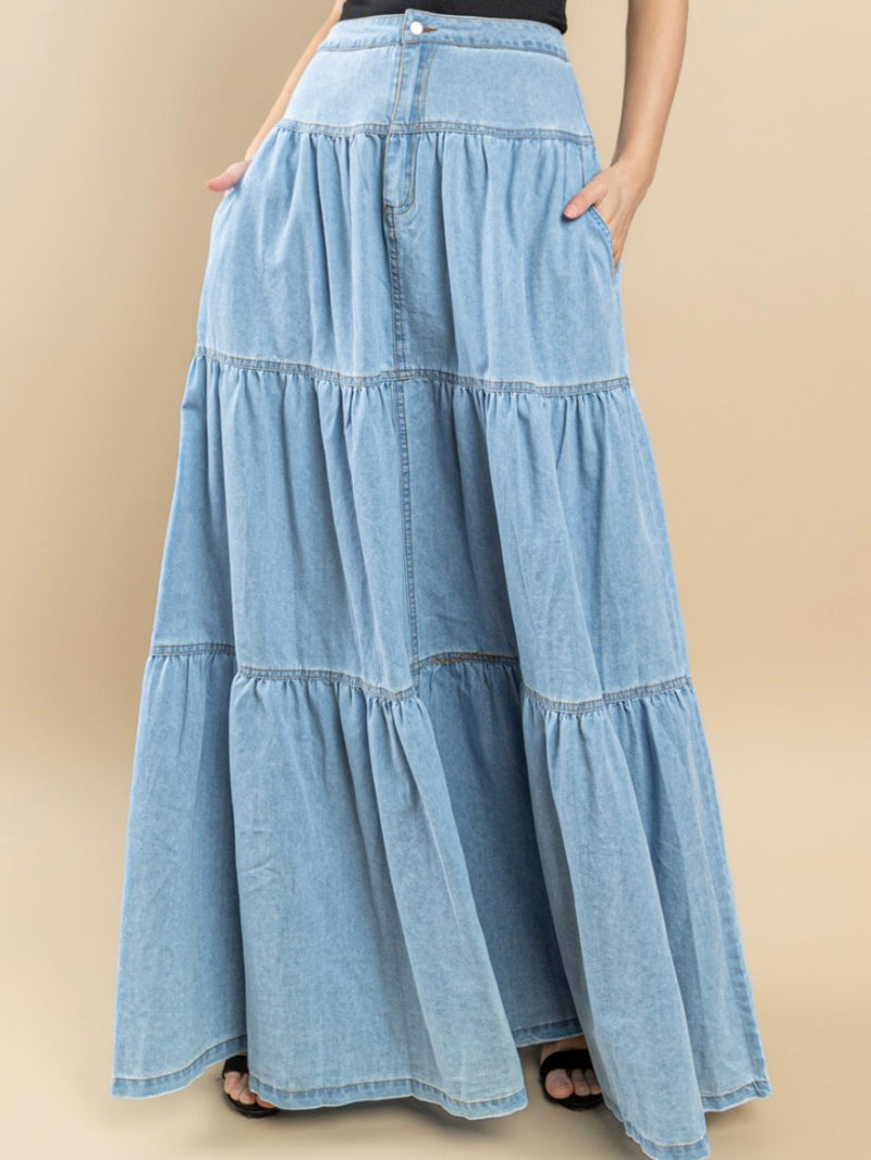 Tiered Maxi Denim Skirt