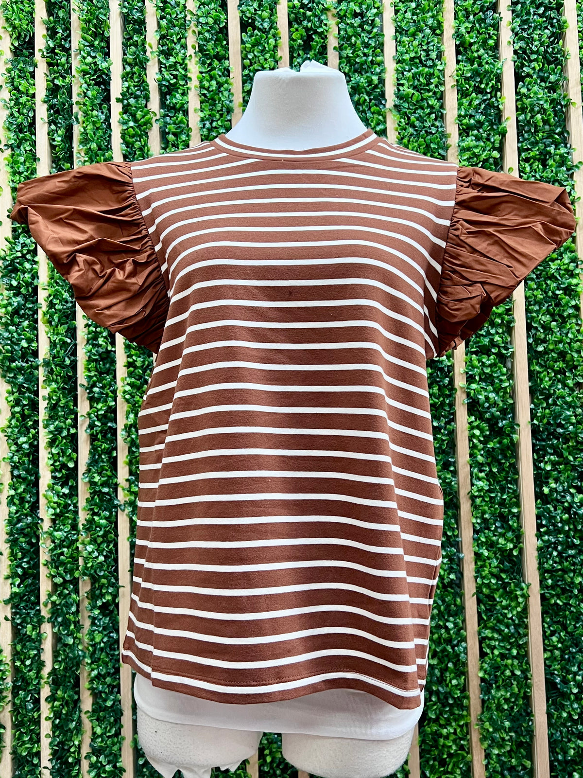 Brown White Striped Angel Sleeve Shirt