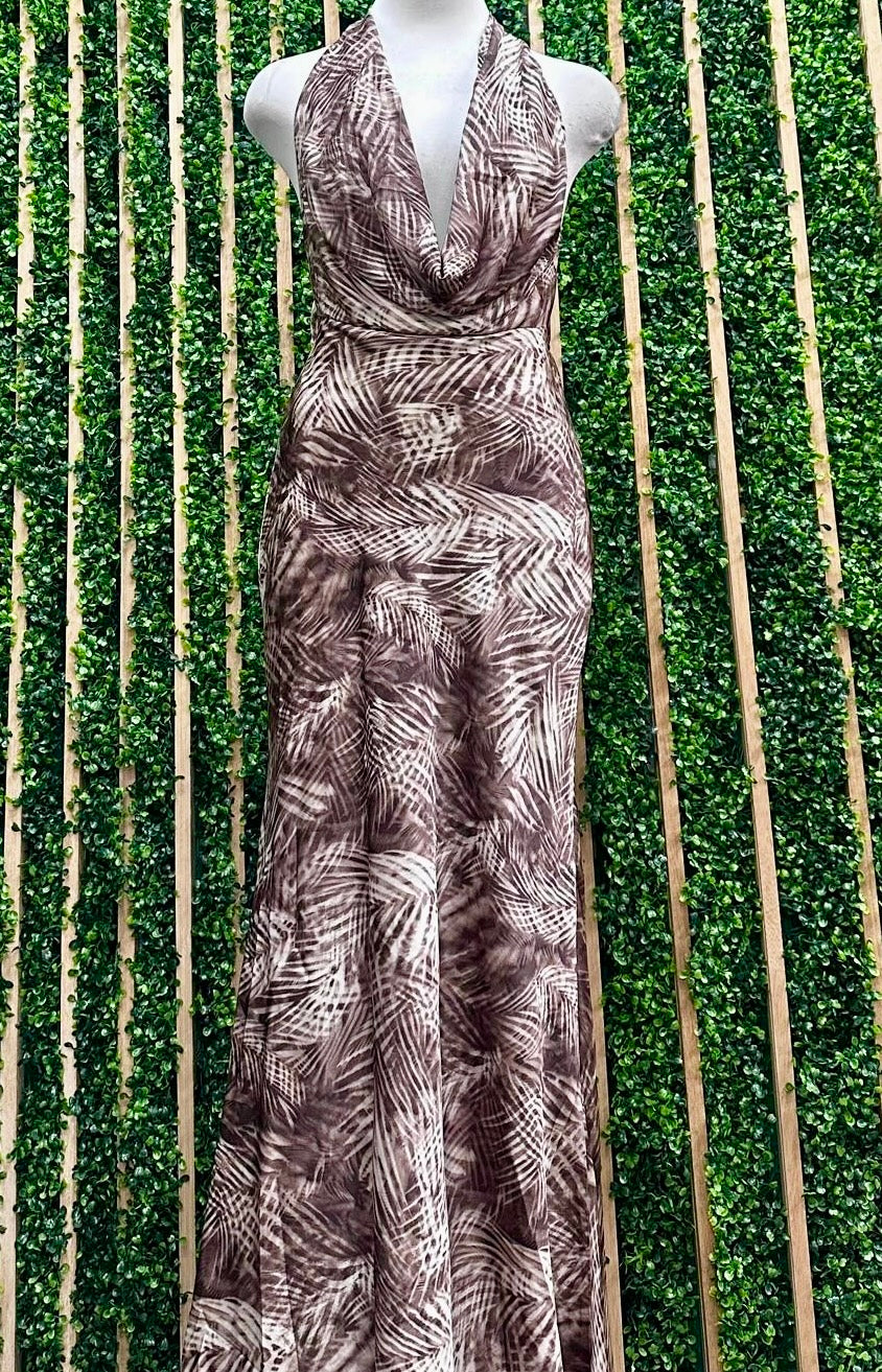 Beautiful Print Brown Draped Halter Maxi Dress