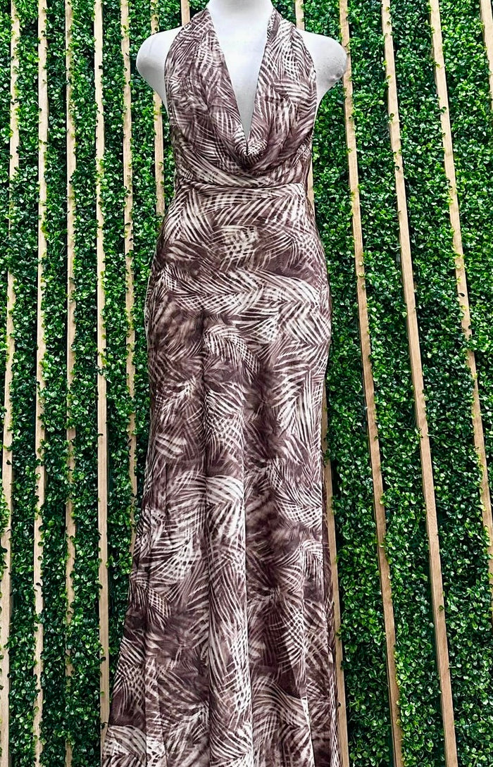 Beautiful Print Brown Draped Halter Maxi Dress