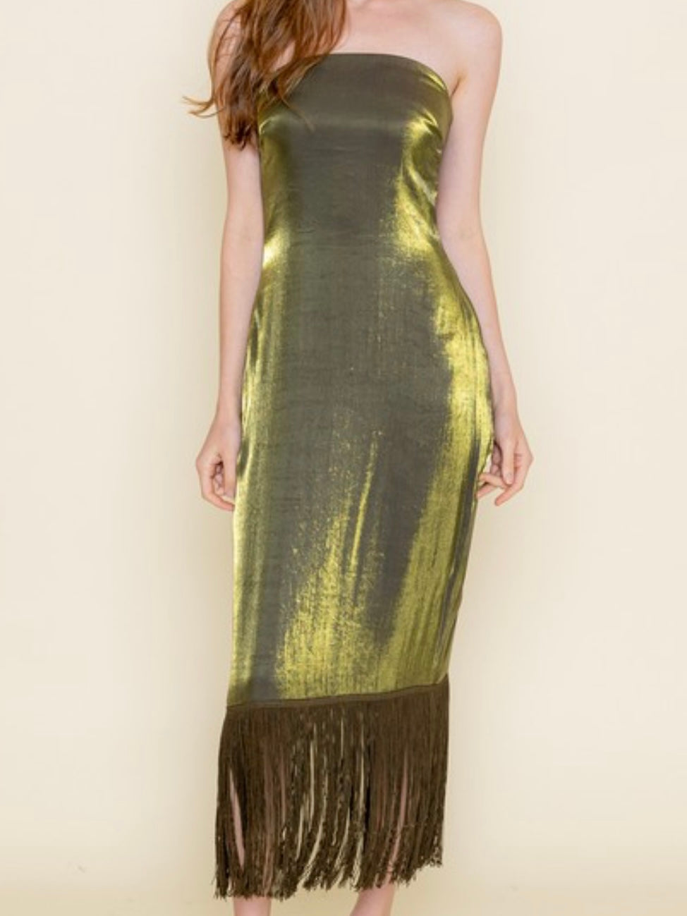 Elegant Metallic Green Strapless Fringe Dress