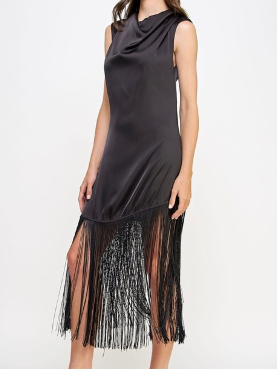 Black Cowl Neck Fringe Midi Dress