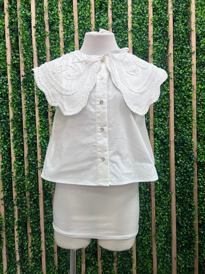 White Ruffle EMbroidered Peter Pan Collar Blouse