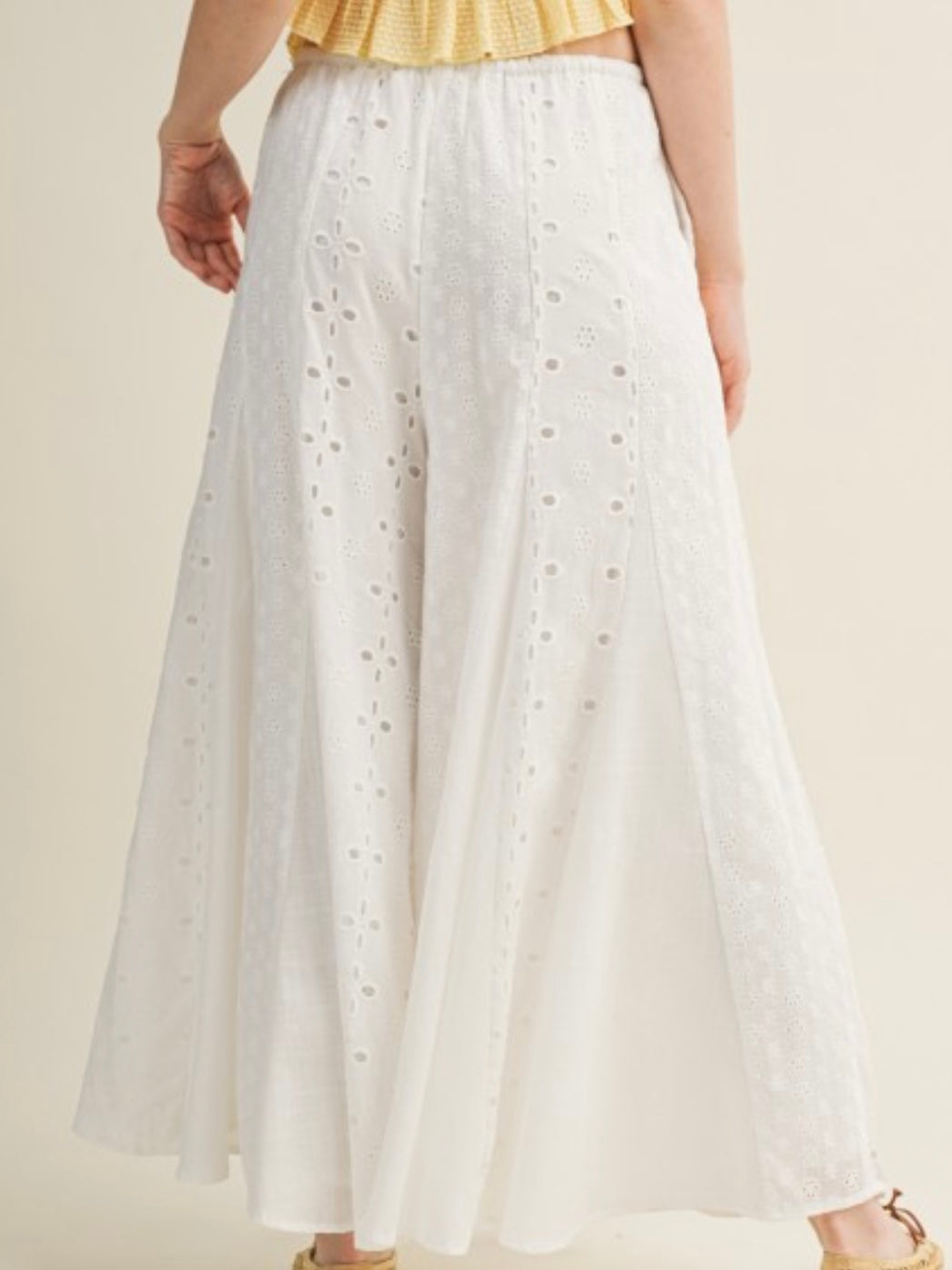 White Eyelet Mixed Tiered Wide Leg Pant
