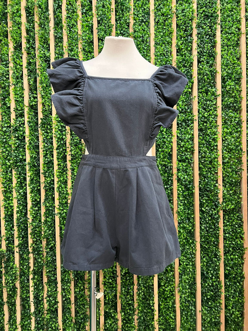 Cut Out Waist Color Denim Romper