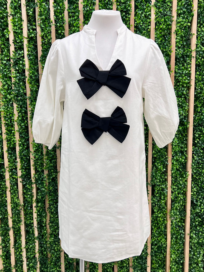 White Black Bow Puff Sleeve Short Dress