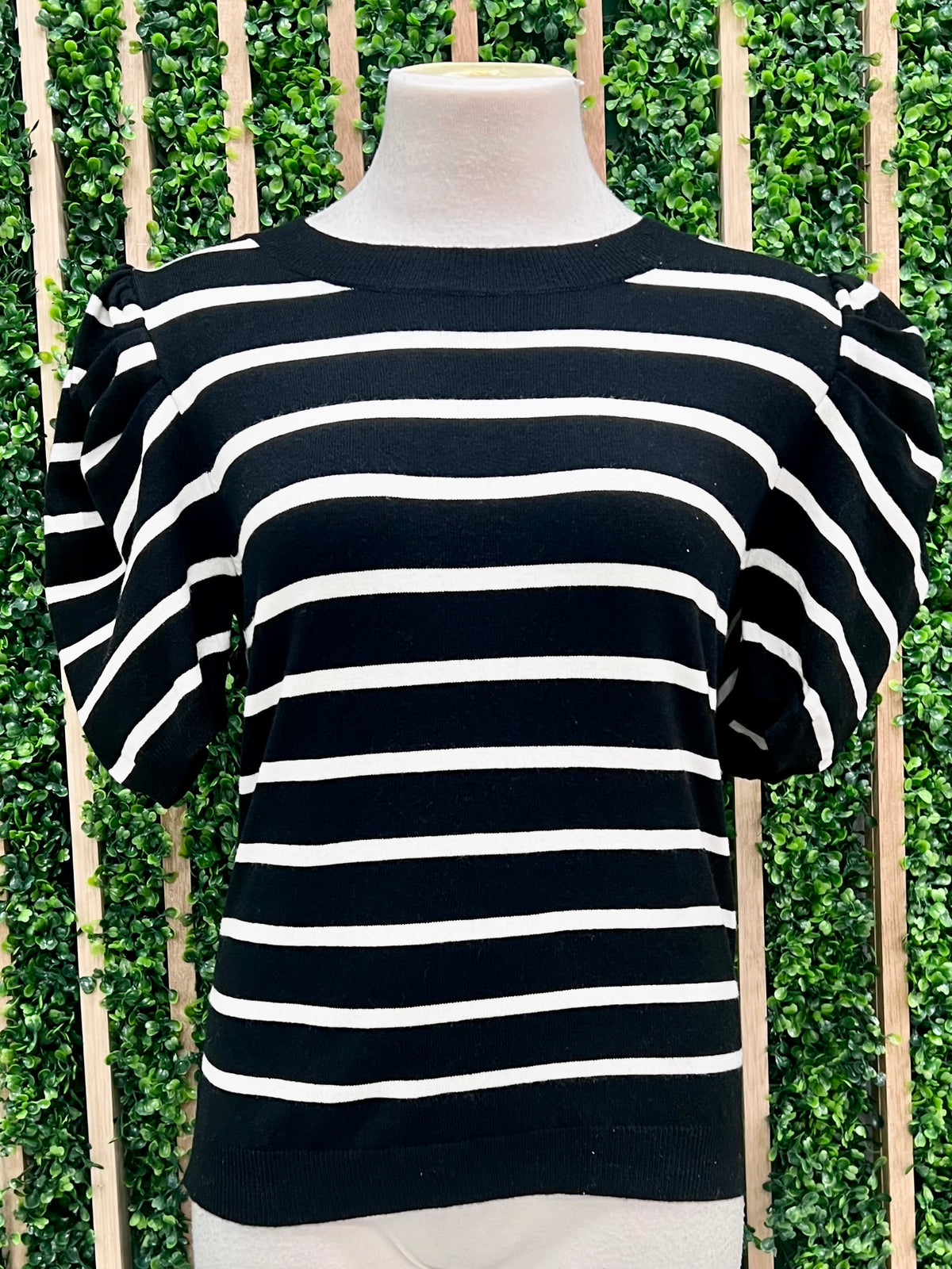 Delicate Striped Puff Short Sleeve Sweater Top