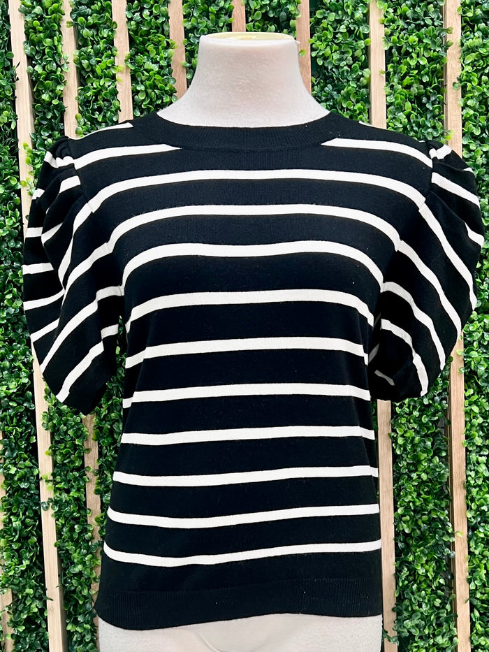 Delicate Striped Puff Short Sleeve Sweater Top