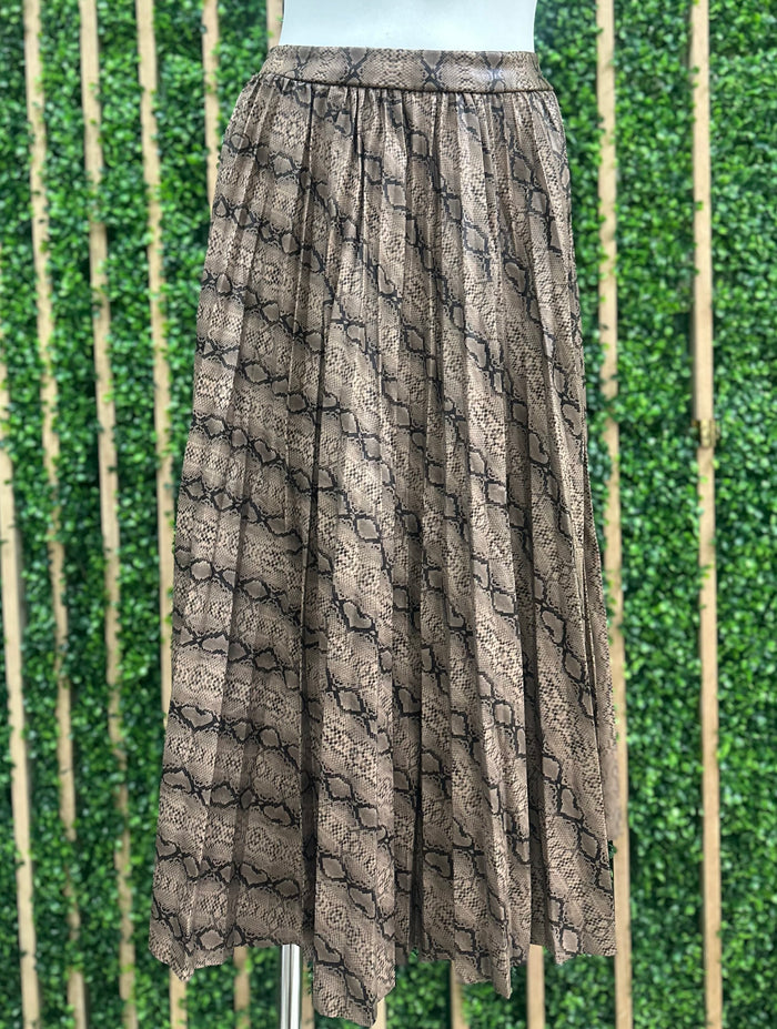 Tan Animal Print Pleated Midi Skirt