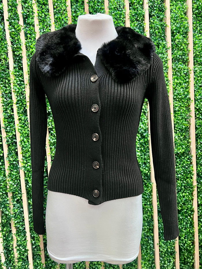 Black Fur Neck Top