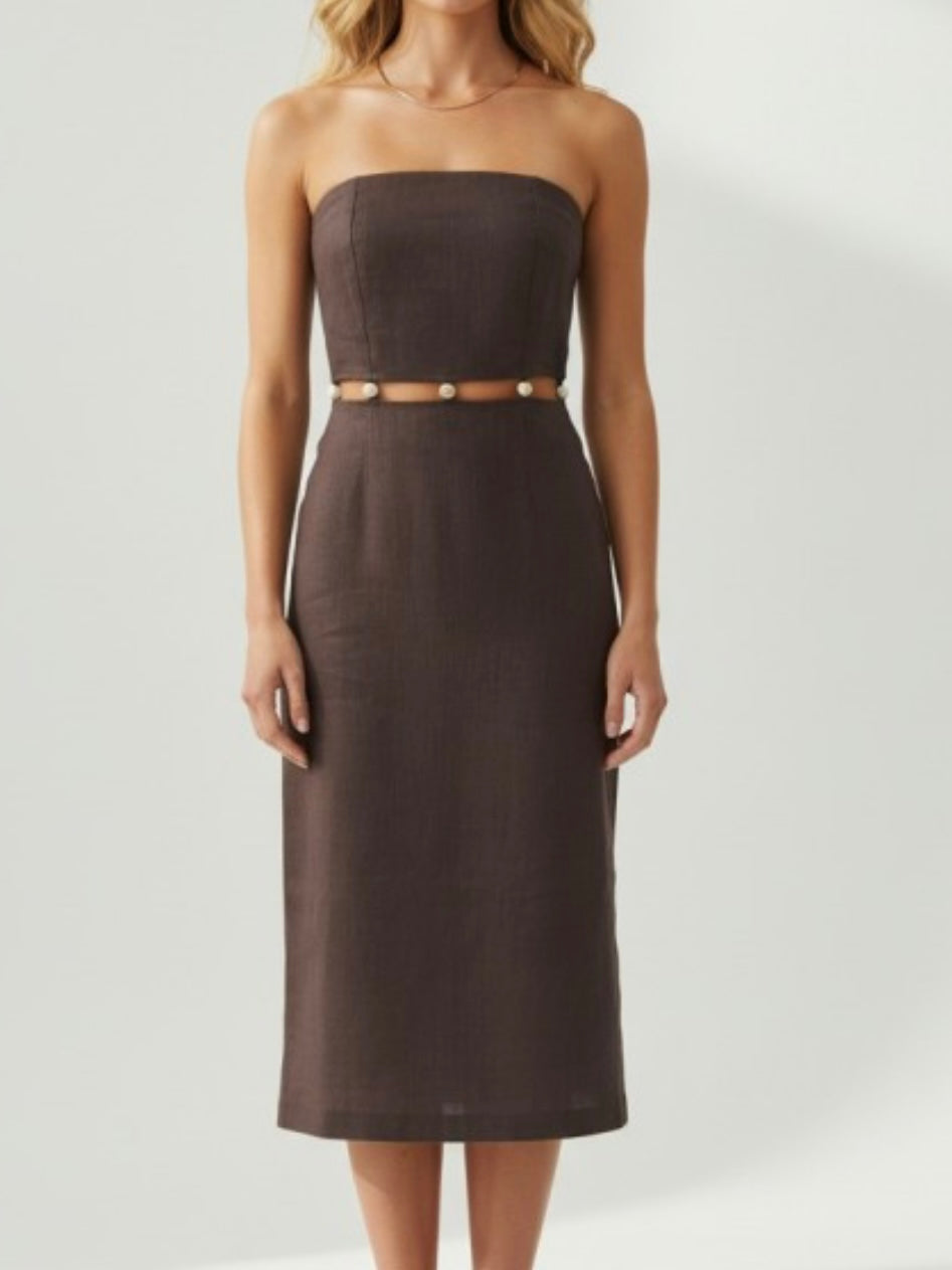 Chocolate Strapless Bead Detail Midi Dress