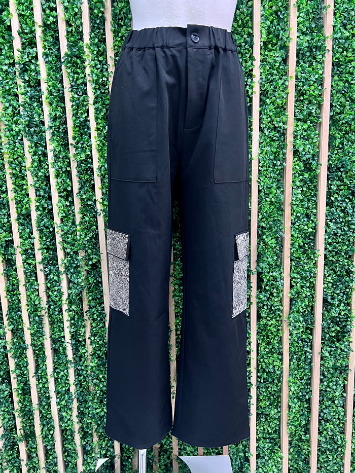 Black Rhinestone Pocket Cargo Pant