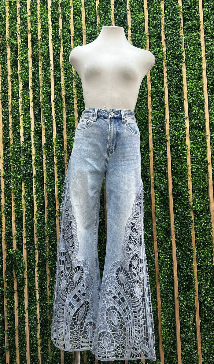 Blue Side Lace Legs Wide Leg Denim Pant