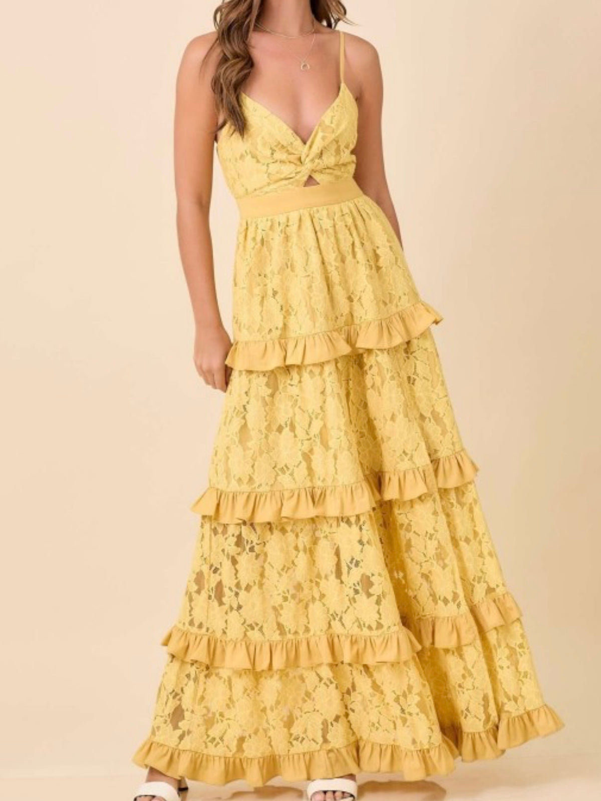 Mustard Lace Tiered Summer Ruffle Maxi Dress