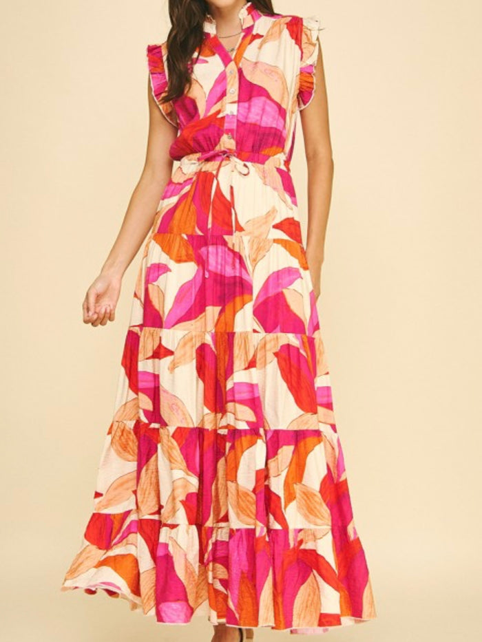 Red Pink Tropical Tiered Maxi Dress