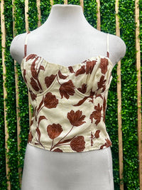 Natural Brown Ruched Floral Sweetheart Crop Top