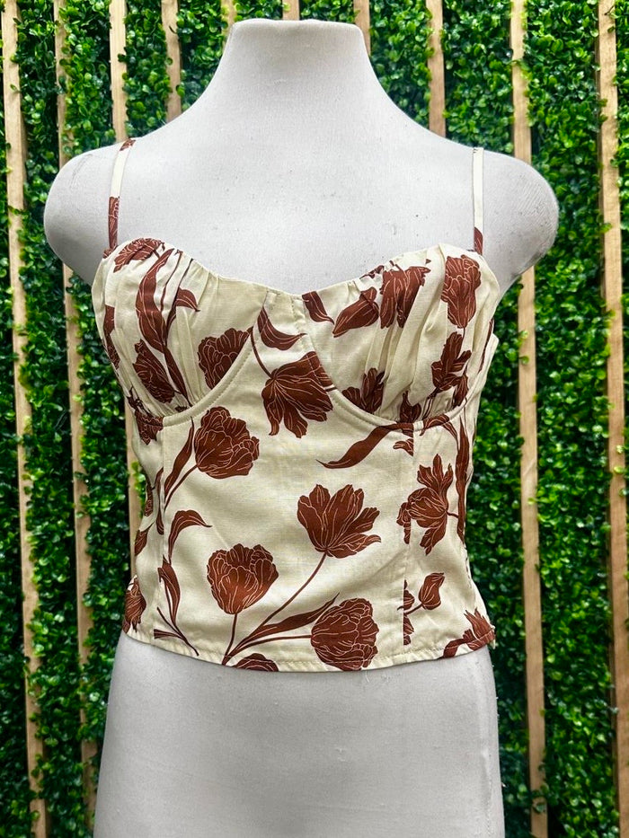 Natural Brown Ruched Floral Sweetheart Crop Top