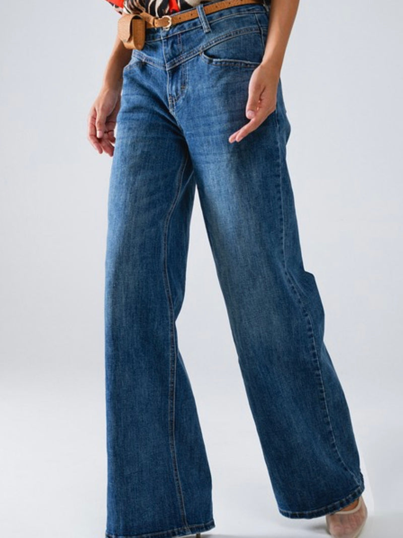 Stitch Detail Wide Leg Flare Jeans