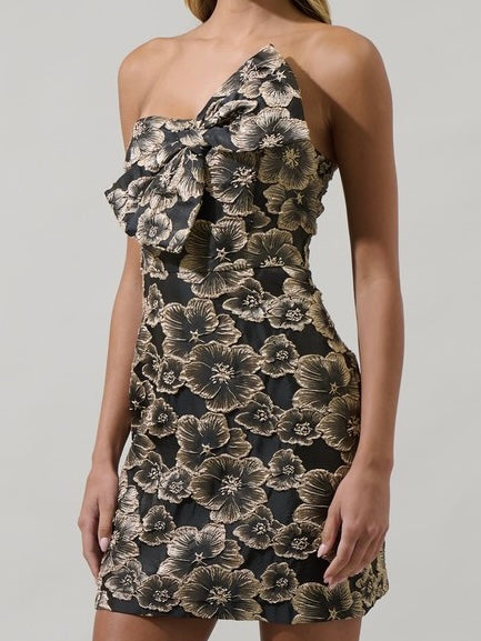 Black Floral Jacquard Strapless Dress