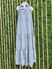 Exquisite Sleeveless Tiered Denim Maxi Dress