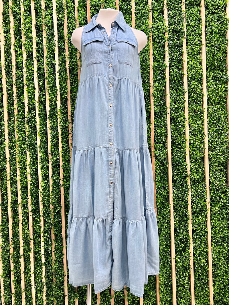Exquisite Sleeveless Tiered Denim Maxi Dress