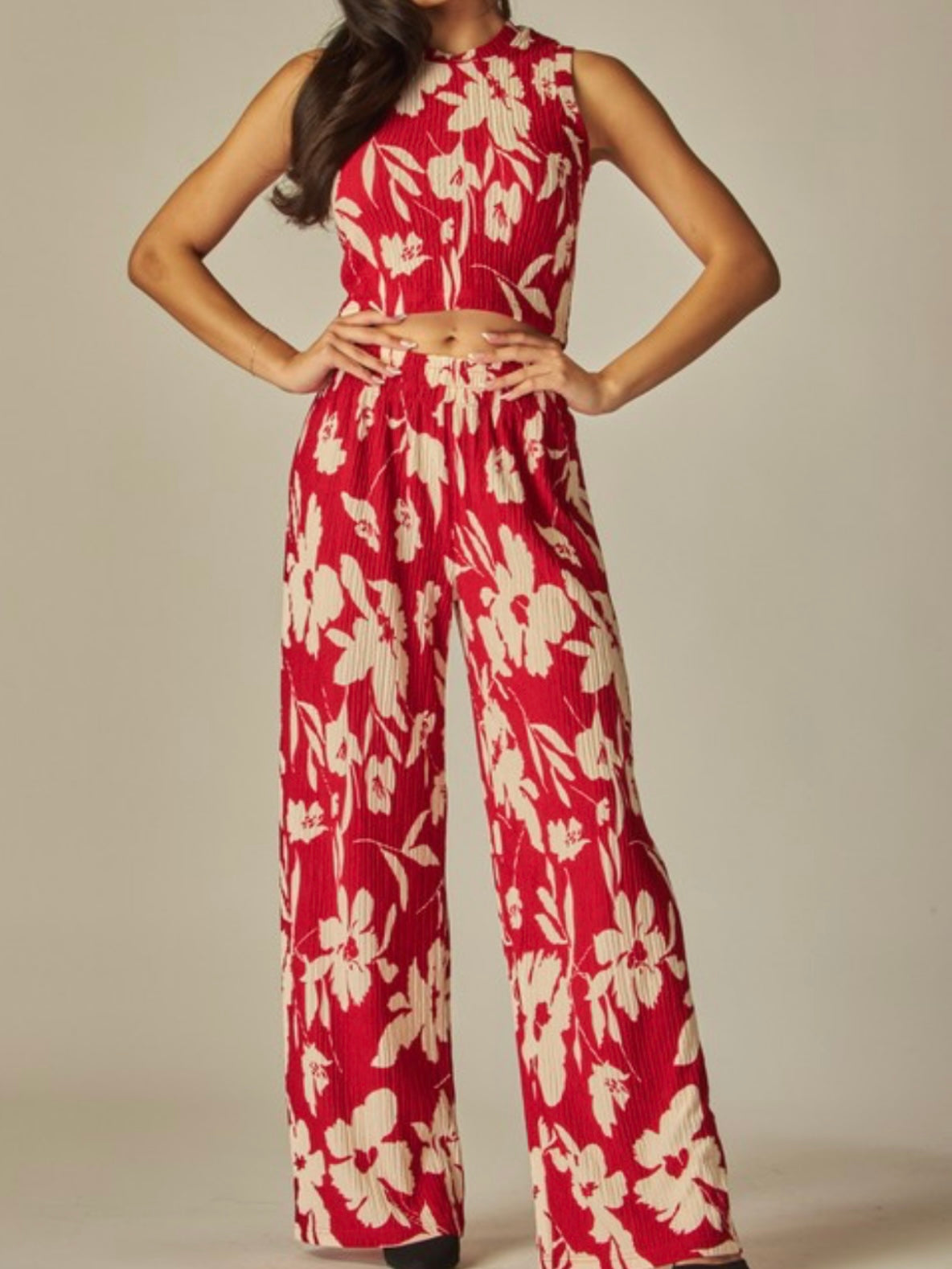 Red Floral Crinkled Pant Set