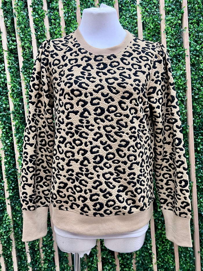 Taupe Animal Print Puff Sleeve  Top