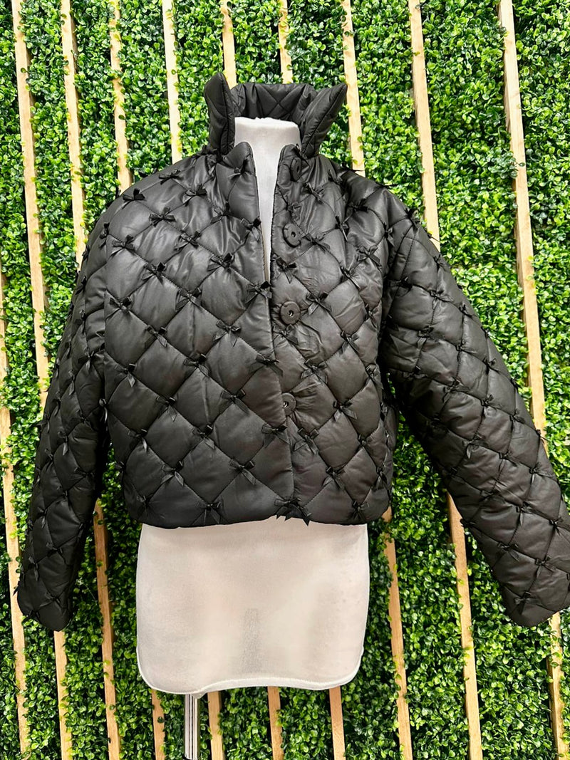 Exquisite Black Bow Detail Puffer Jacket