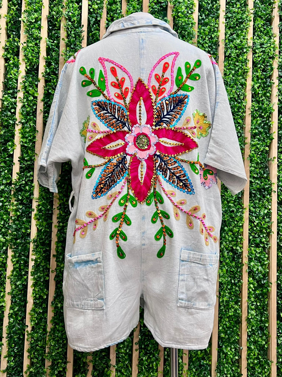 Beautiful Loose Fit Embroidered Flower Denim Romper