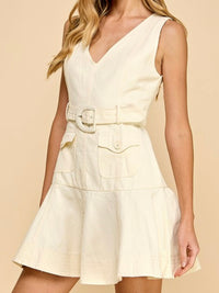 V NEck Belted Ruffle Hem Short Dress
