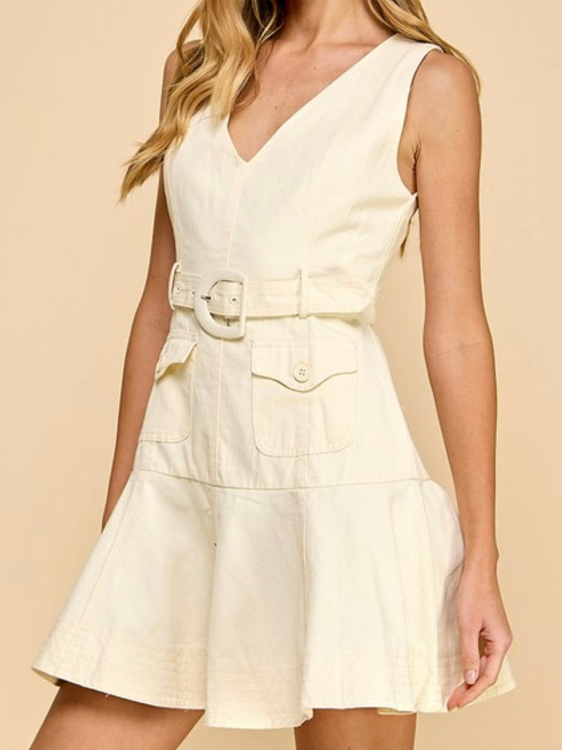 V NEck Belted Ruffle Hem Short Dress