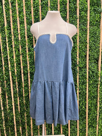 Denim Cutout Front White Stitch Detail Drop Waist Short Dress