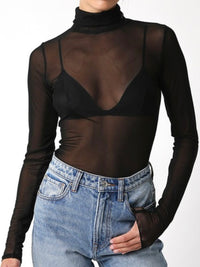 High Neck Long Sleeve Mesh Top