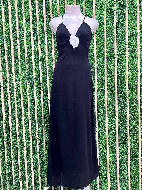 Black Halter Flower Detail Maxi Dress