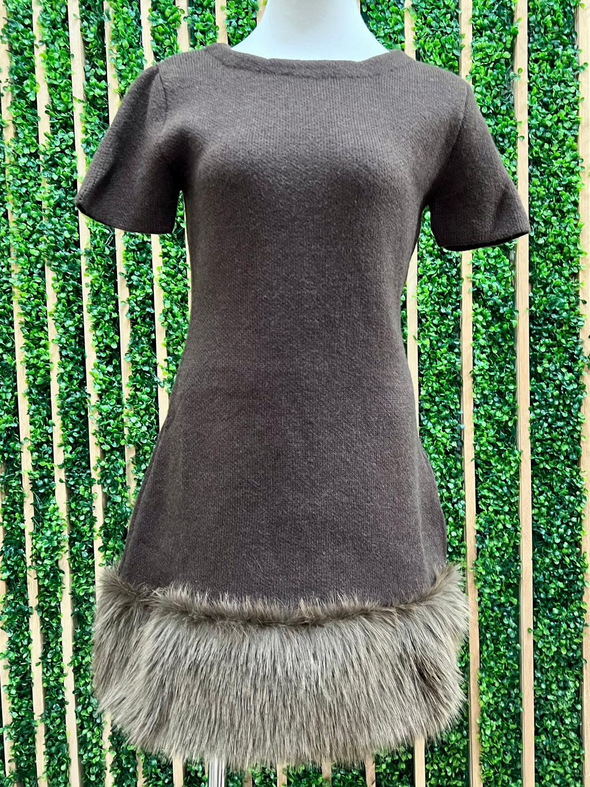 Brown Faux Fur Trim Knit Short Dress
