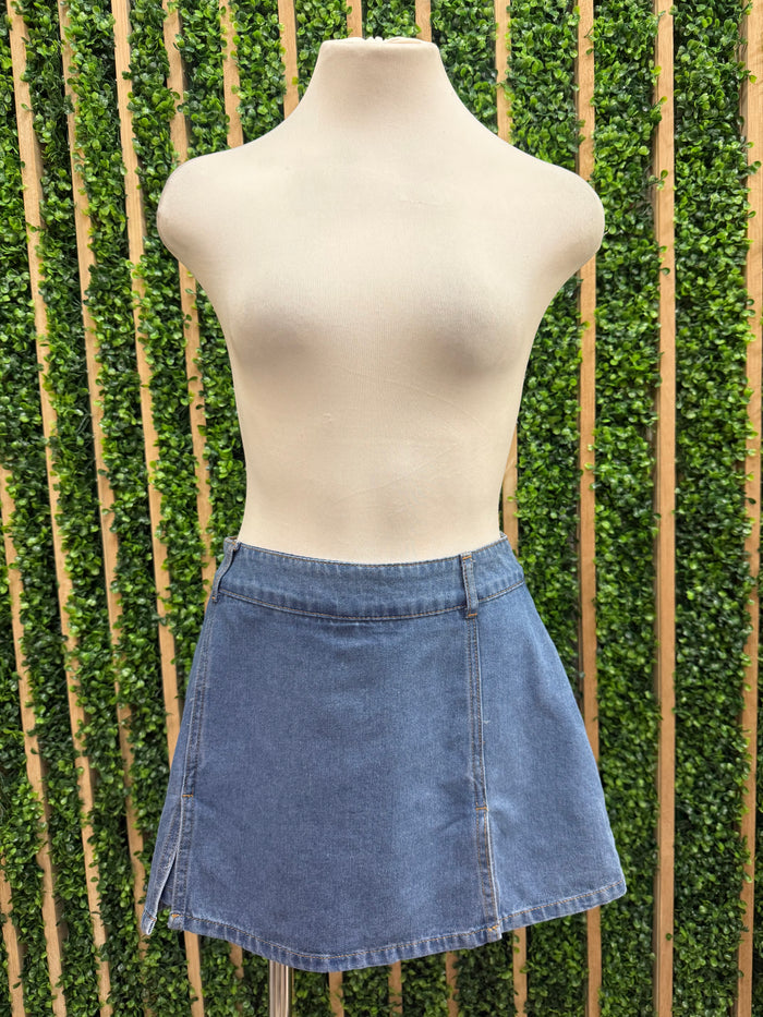 Denim Mini Skort With Front Slit