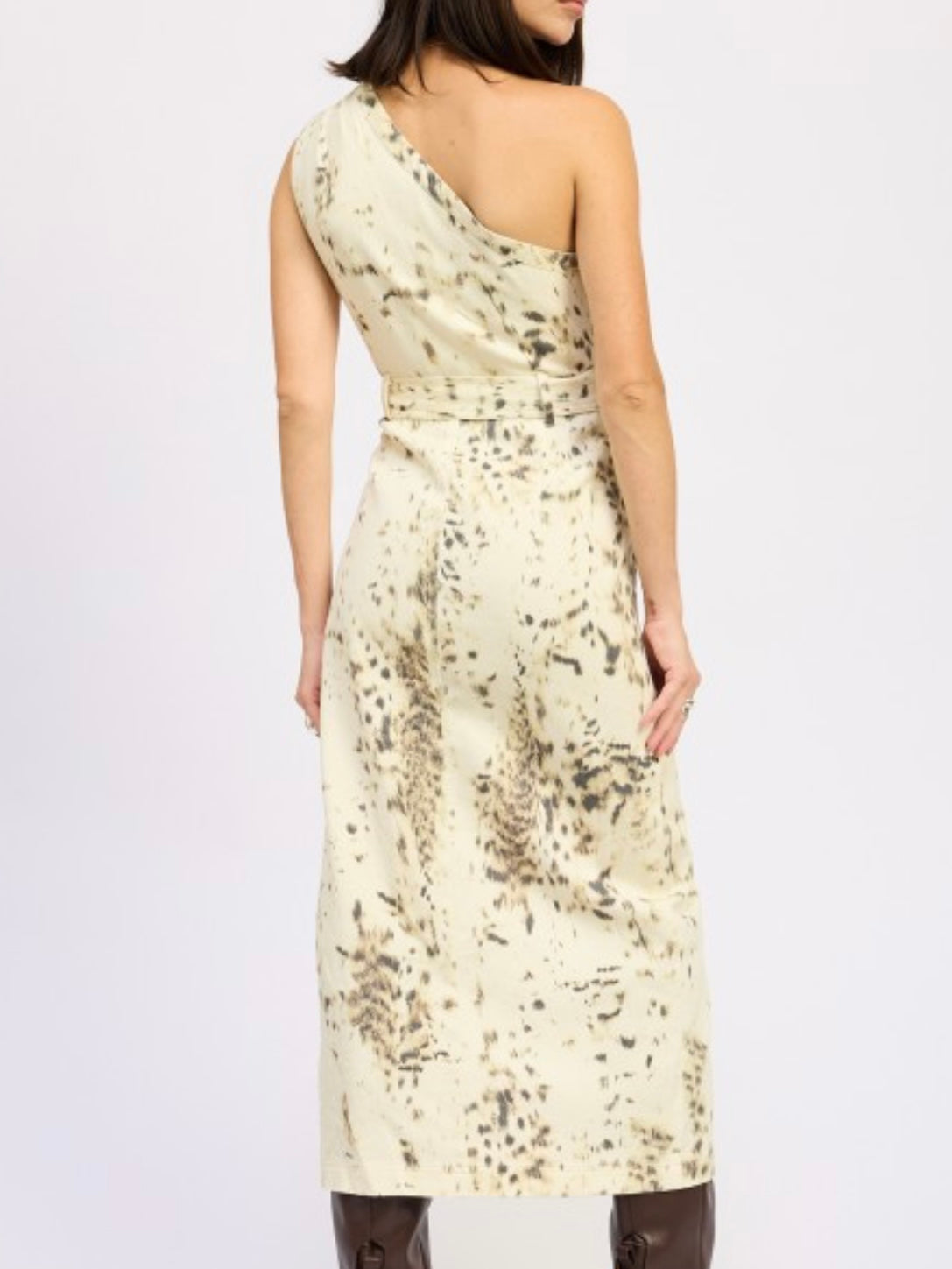 Ivory Brown Midi Printed One Shoulder Western Belted Dress