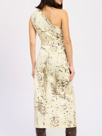 Ivory Brown Midi Printed One Shoulder Western Belted Dress