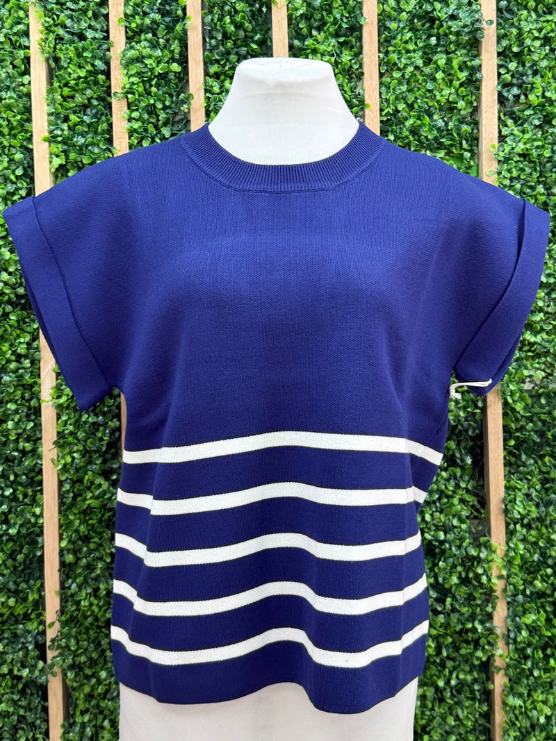 Navy Ivory Roll Up Stripe Sweater