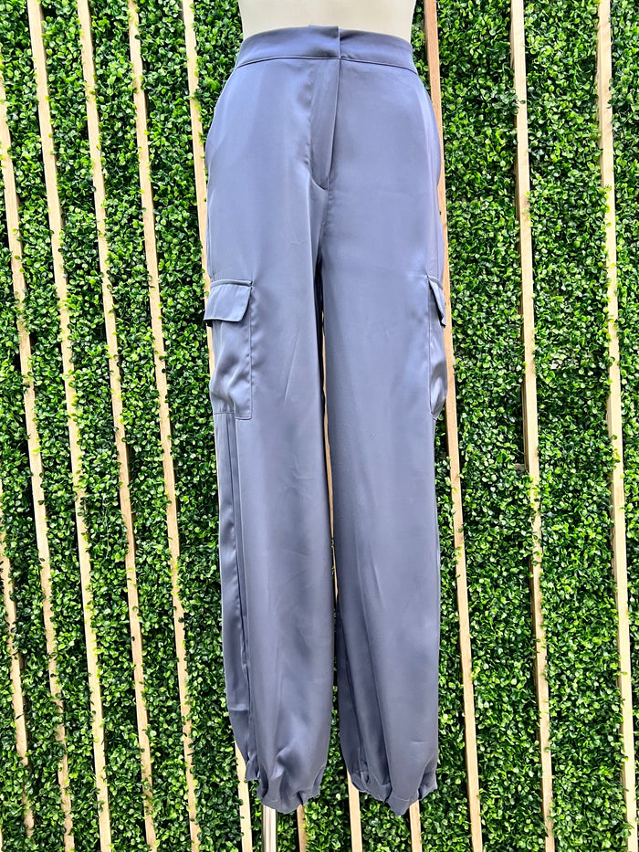 Blue Satin High Waist Cargo Pant