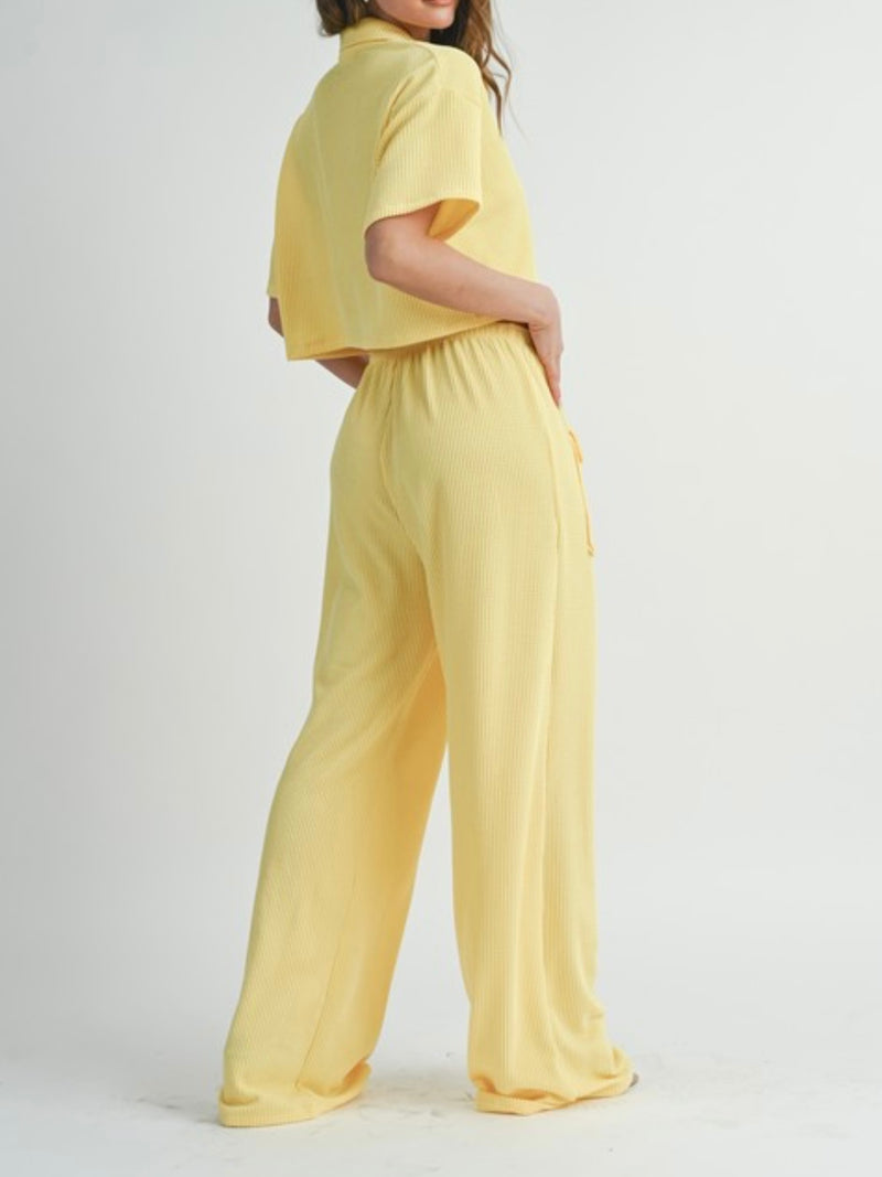 Lemon Ribbed Loose Fit Crop Top Cargo Pant Set