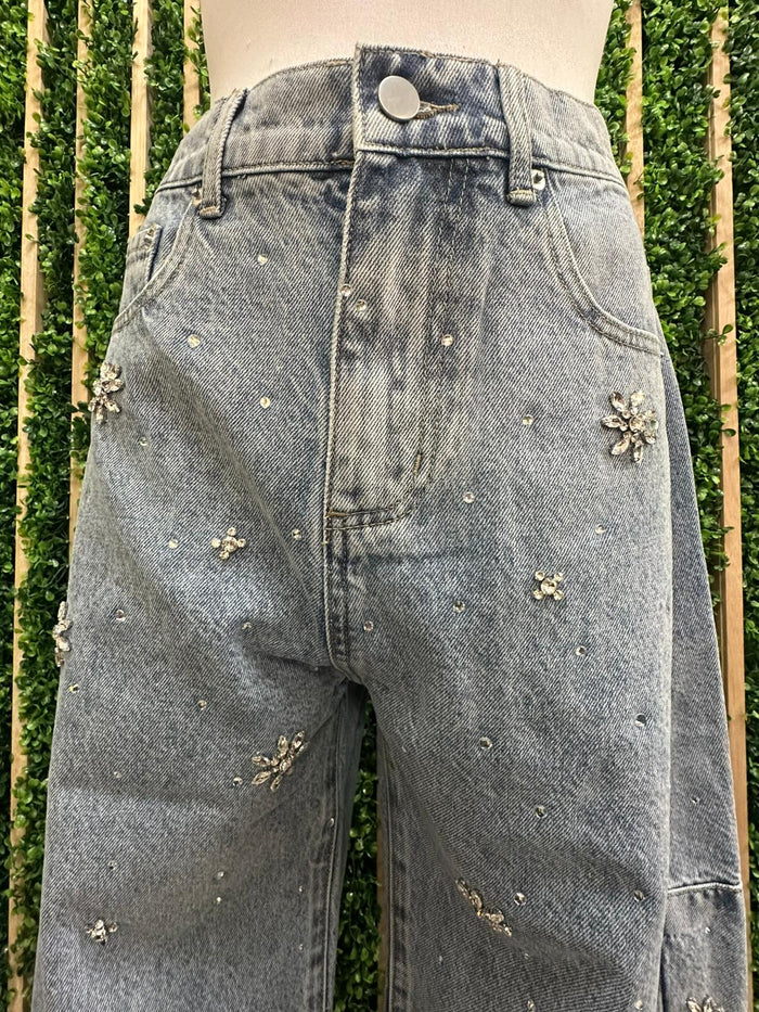 Rhinestone Detail Barrel Light Denim
