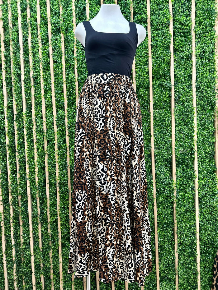 Brown Leopard Flared Maxi Skirt