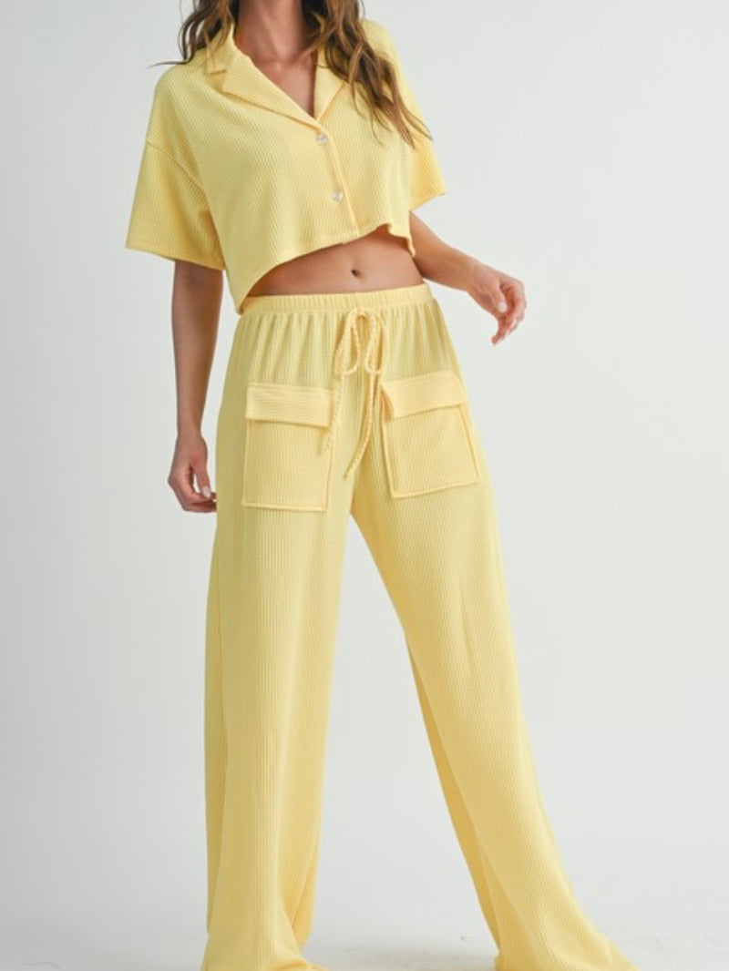 Lemon Ribbed Loose Fit Crop Top Cargo Pant Set